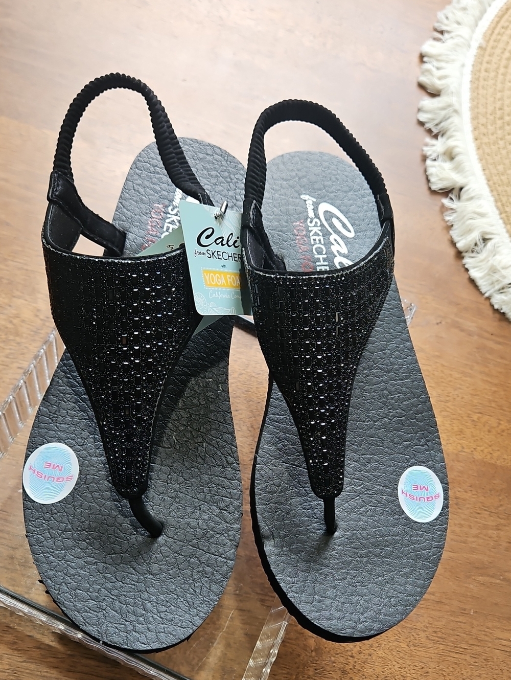 Cali From Skechers YOGA FOAM Black Sparkle Slingback Thong Sandals